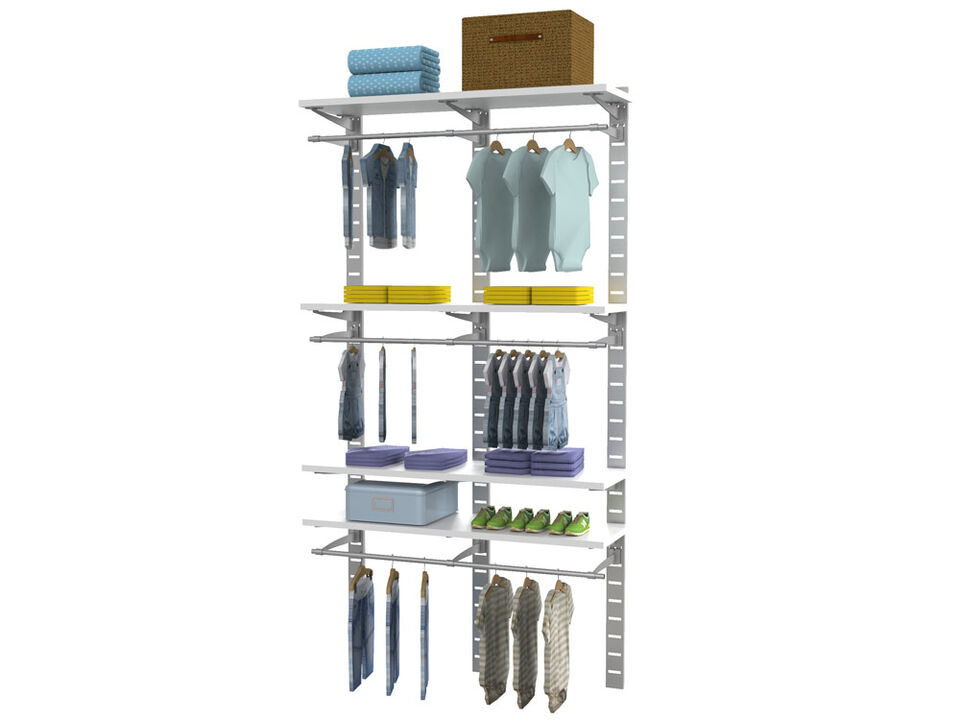 Stylish Kids Closet Unit 91" High with 4 Shelves 48" Length 14"- 16" Width + 3 Hanging Rails 48" Length | 2 Sections- Shelves Sold Separately