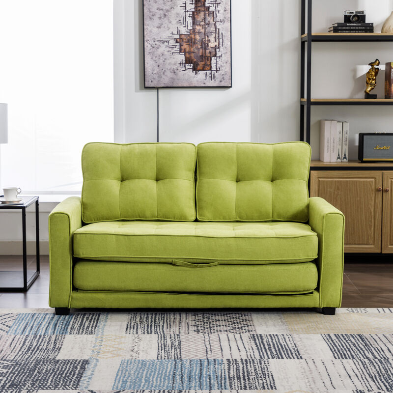 59.4" Loveseat Sofa with Pull-Out Bed Modern Upholstered Couch with Side Pocket for Living Room Office, Green