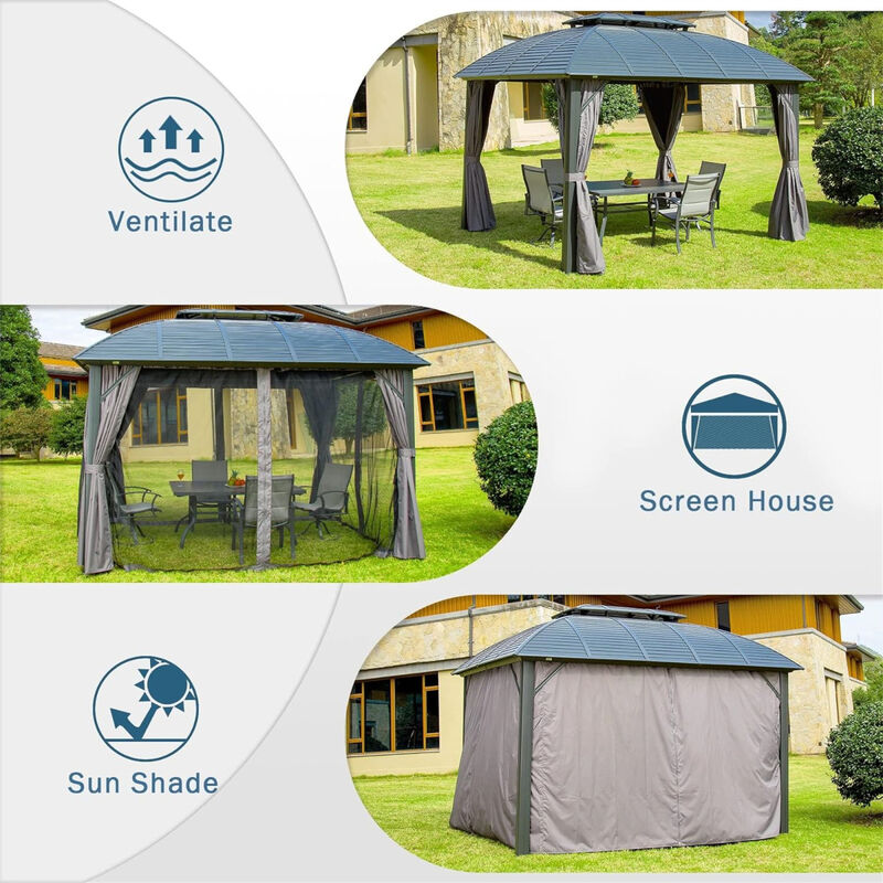 10'X12' Permanent Hardtop Gazebo with Curtains & Netting