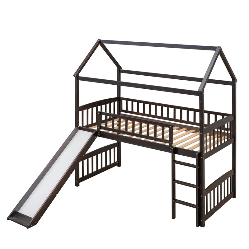 Twin Loft Bed with Slide, House Bed with Slide,Espresso