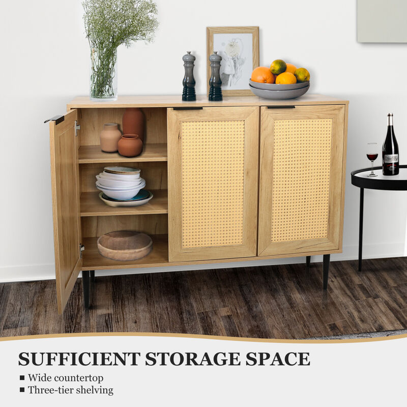 47.24 " Wide Elegant Kitchen Buffet Storage Cabinet with 3 Rattan Doors for Bedroom Living Room Kitchen Cupboard Wooden Furniture with 3-Tier Shelving, Natural Color