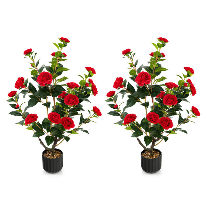 38 Inch Artificial Camellia Tree Faux Flower Plant in Cement Pot 2 Pack