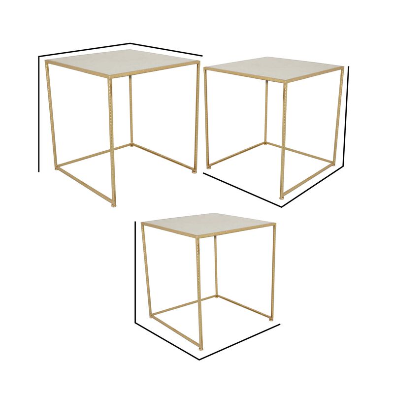 Neci Plant Stand Table Set of 3, Nesting Open Metal Gold Frame, White Top - Benzara