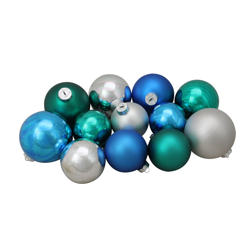 72ct Turquoise Blue and Silver 2-Finish Glass Christmas Ball Ornaments 4" (100mm)