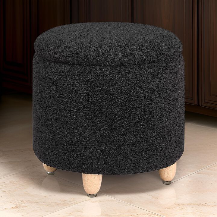 Aia 18 Inch Storage Ottoman, Black Faux Sheepskin, Round Rubberwood Feet - Benzara