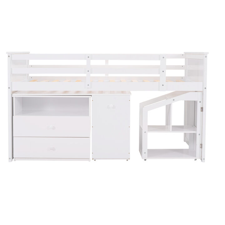 Loft Bed Low Study Twin Size Loft Bed With Storage Steps and Portable, Desk, Gray