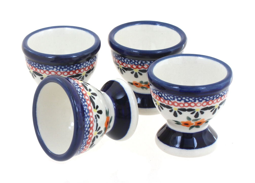 Blue Rose Polish Pottery Peacock Egg Cup Set