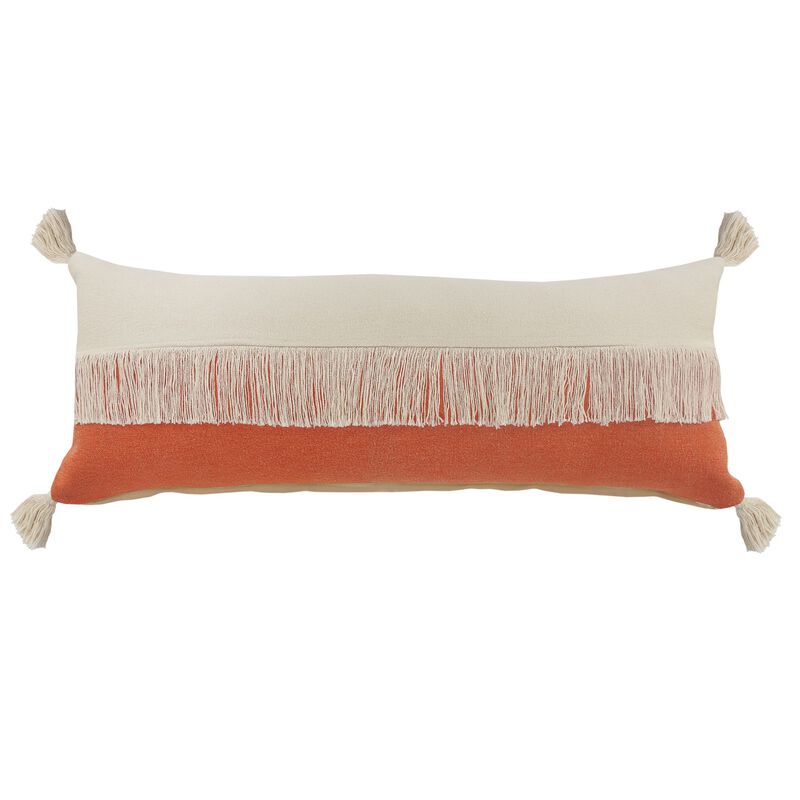 36" Orange and White Fringe Color Block Lumbar Throw Pillow