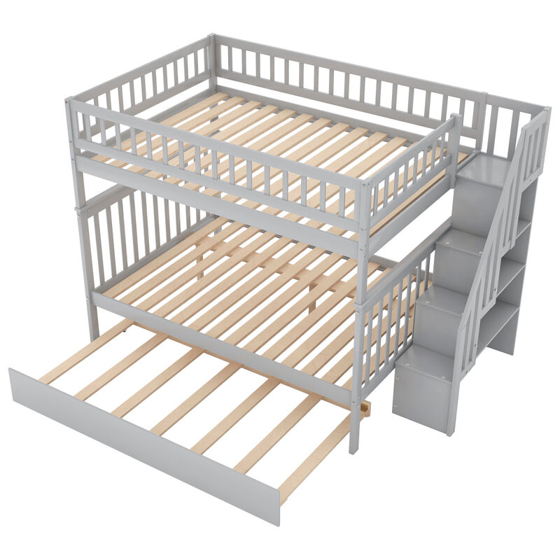 Full over Full Bunk Bed with Trundle and Staircase, Gray