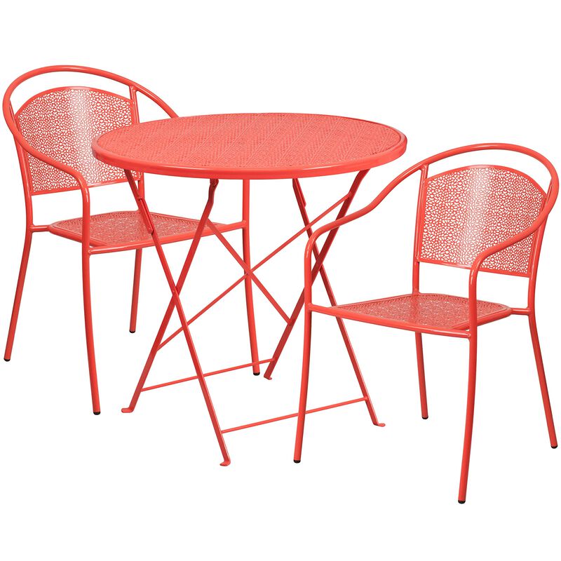 Flash Furniture Commercial Grade 30" Round Coral Indoor-Outdoor Steel Folding Patio Table Set with 2 Round Back Chairs