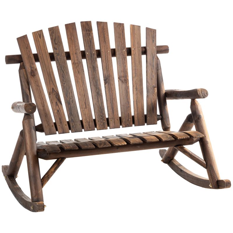 Black Adirondack Rocking Chair with Log Slatted Design, 2-Seat Wooden Rocker Loveseat, High Back