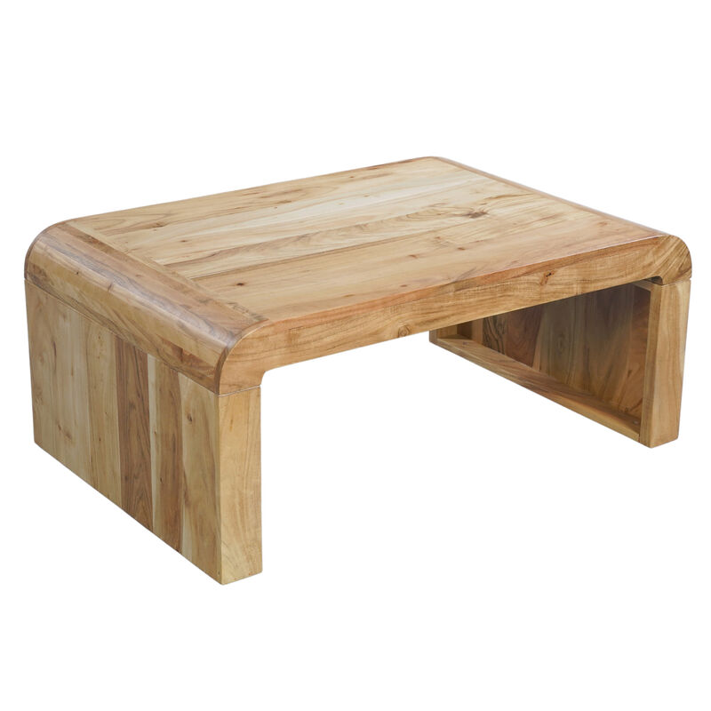 Cascade 36 Inch Coffee Table, Handcrafted Natural Acacia Wood, Rectangular Curved Waterfall Top