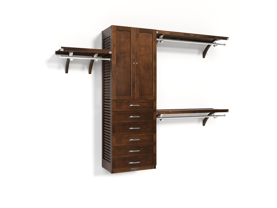 Solid Wood Walk-In Closet Organizer with 6 Shaker Style Drawers and Solid Wood Doors