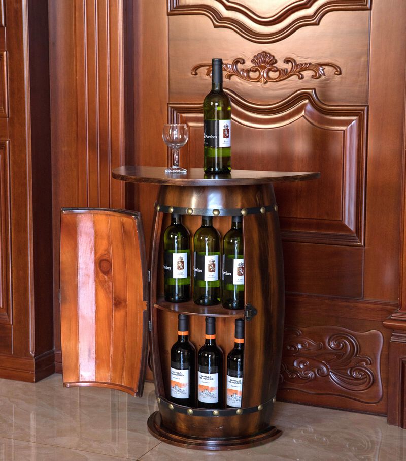 Wooden Wine Barrel Console, Bar End Table Lockable Cabinet