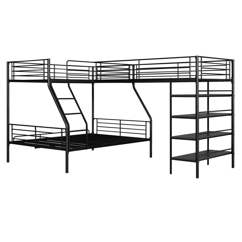 L-Shaped Metal Twin Over Full Bunk Bed And Twin Size Loft Bed With Four Built-In Shelves