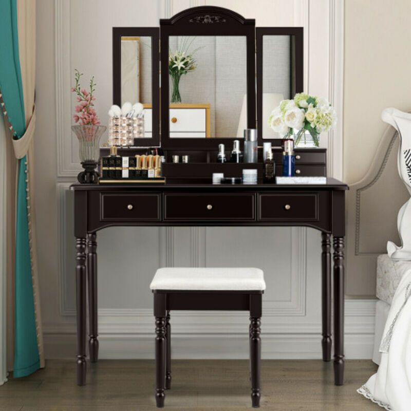 Makeup Dressing Table with Tri-Folding Mirror and Cushioned Stool for Women