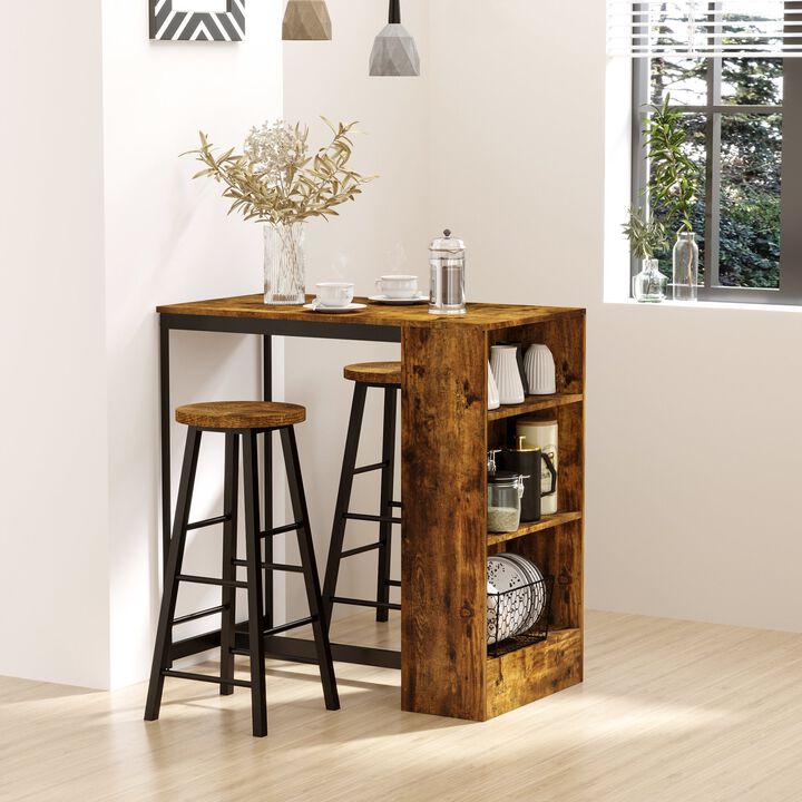 Bar Table and Stools, 3 Piece Bar Table Set with 3-Tier Side Shelf, 2 Stools and Foot Pads, Pub Chairs and Table, Rustic Brown/Black