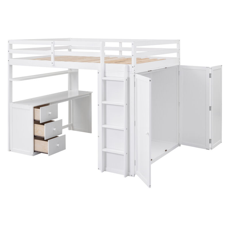 Full size Loft Bed with Drawers, Desk, and Wardrobe-White