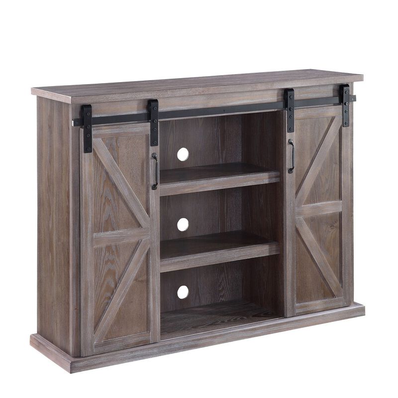 TV Stand with 2 Barn Sliding Doors and Farmhouse Style, Rustic Brown-Benzara