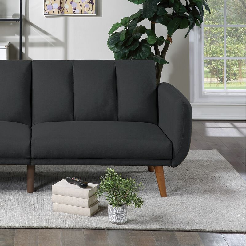 Black Polyfiber Convertible Sofa Bed with Wooden Legs