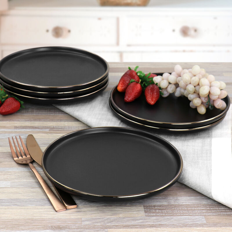 Elama Paul 6 Piece Stoneware Salad Plate Set in Matte Black with Gold Rim