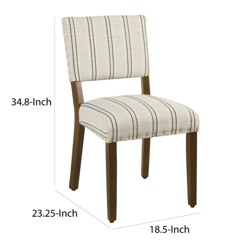 Wooden Dining Chair with Striped Pattern Fabric Cushioned Seat, Black and White, Set of Two - Benzara