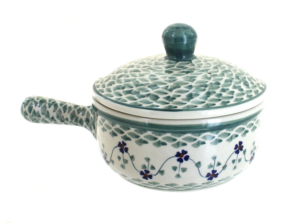 Blue Rose Polish Pottery Summer Vine Sauce Pot with Lid