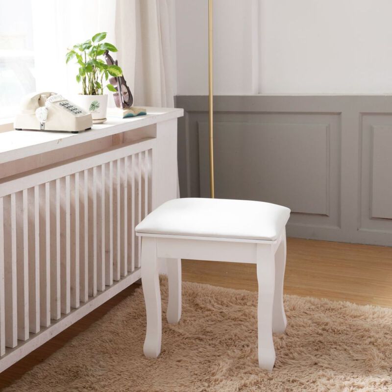 White Vanity Stool Padded Makeup Chair Bench with Solid Wood Legs