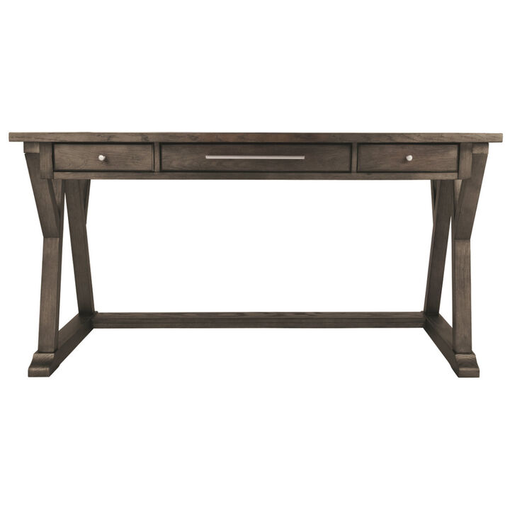 Three Drawer Wooden Desk with Cross Brace Stretcher and Faux Bluestone Top, Gray-Benzara