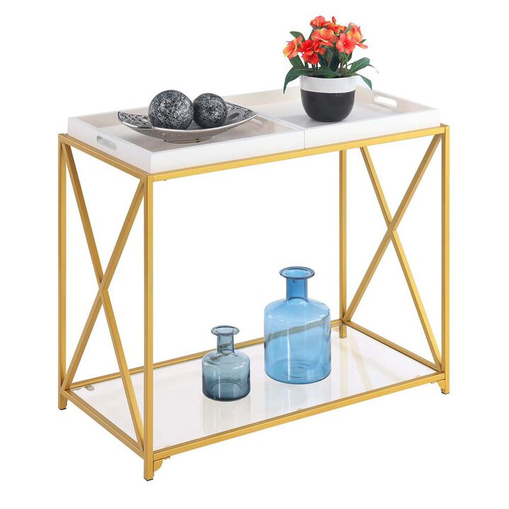 Convenience Concepts St. Andrews Console Table with Shelf and Removable Trays, White/Gold