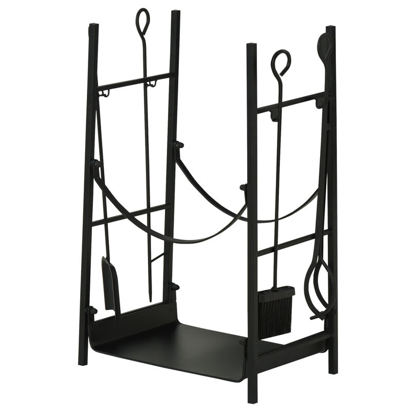 Outsunny Firewood Rack with Fireplace Tools, Indoor Outdoor Firewood Holder, Flat Bottom with 2 Tiers for Fireplace, Wood Stove, Hearth or Fire Pit, Black