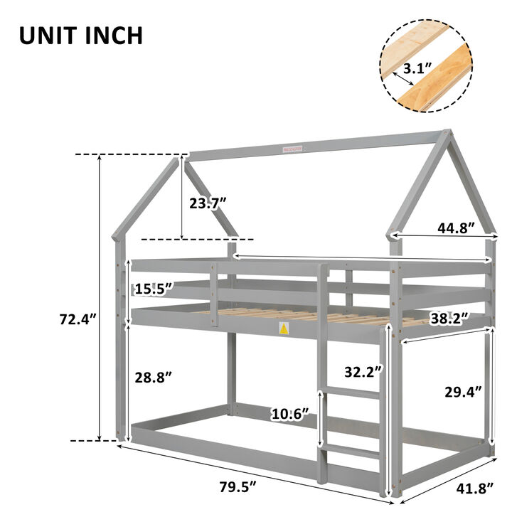 Twin over Twin Loft Bed with Roof Design, Safety Guardrail, Ladder, Grey