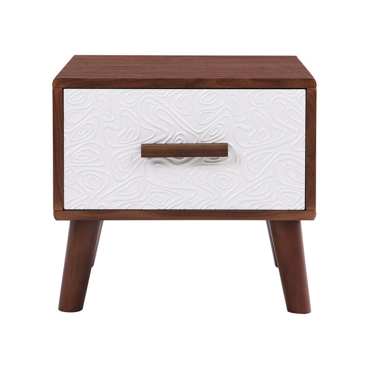 Square End Table with 1 Drawer Adorned with Embossed Patterns, Wood Legs and Handles for Living Room, Brown+White