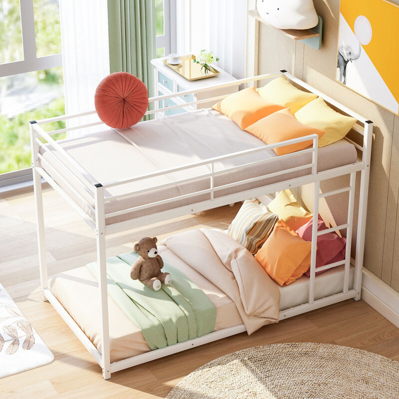 Twin over Twin Metal Bunk Bed, Low Bunk Bed with Ladder, White