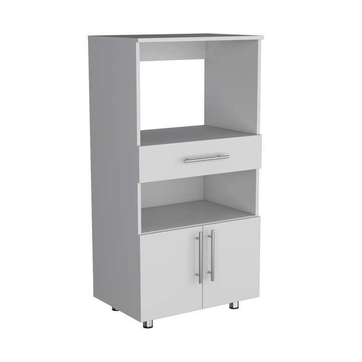 Kitchen Pantry 48" H, Two Open Storage Shelves, One for Microwave, Two Doors, Four Legs, White