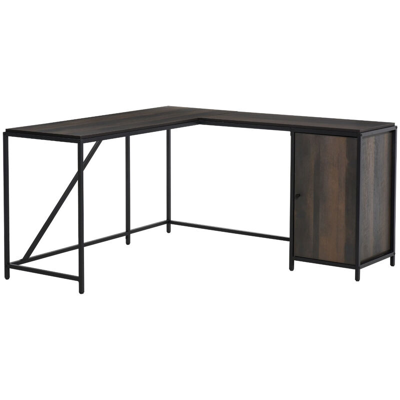 L-Shaped Computer Corner Desk with Storage Cabinet, Adjustable Shelf, Large Tabletop and Black Steel Frame, Brown