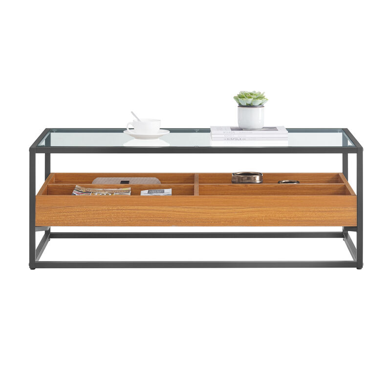 Saarinen Two-Level Modern Sunken Glass Display Shelf Rectangle Low Coffee Table