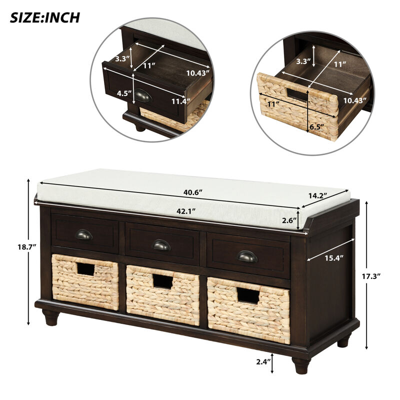 Rustic Storage Bench With 3 Drawers And 3 Rattan Baskets, Shoe Bench For Living Room