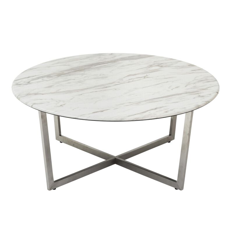 Homezia White on Stainless Faux Marble Round Coffee Table