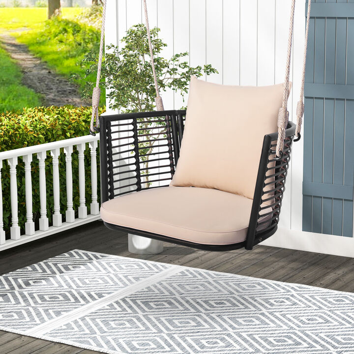 Single Person Hanging Seat with Woven Rattan Backrest for Backyard