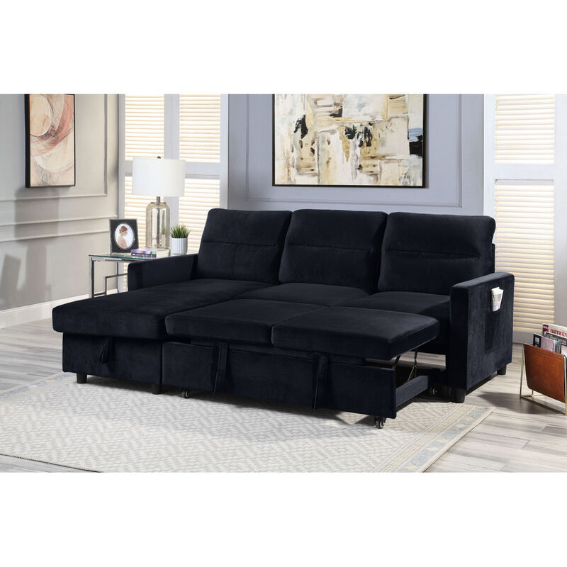 Ivy Black Velvet Reversible Sleeper Sectional Sofa with Storage Chaise and Side Pocket