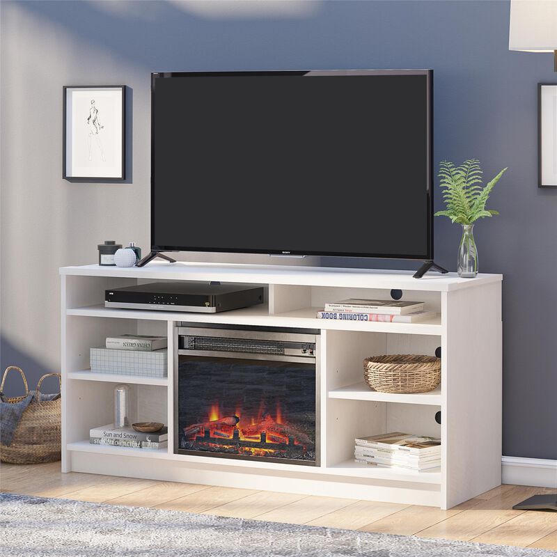 Hickory Hill 55" TV Stand with Electric Fireplace Space Heater and 6 Shelves