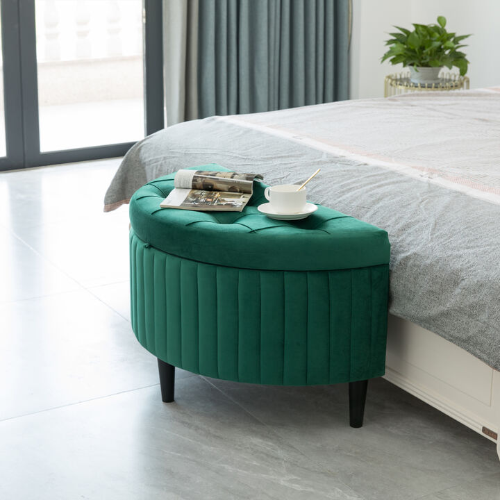 Half Moon Modern Velvet Tufted Storage Ottoman Bench, Green