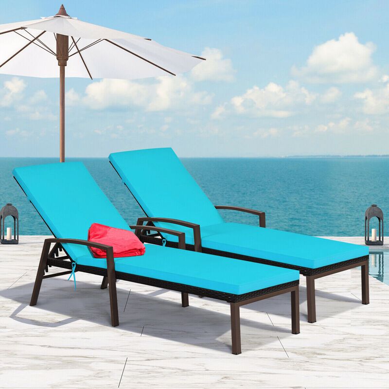 2 Pieces Patio Rattan Adjustable Back Lounge Chair with Armrest and Removable Cushions