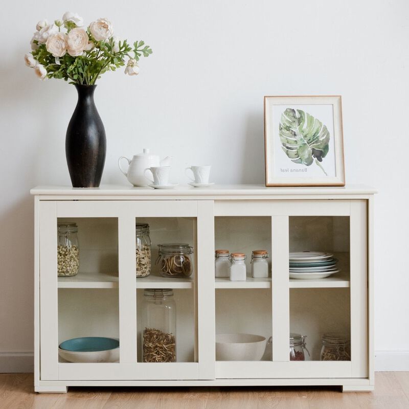 Hivvago Modern Cream White Wood Buffet Sideboard Cabinet with Glass Sliding Door