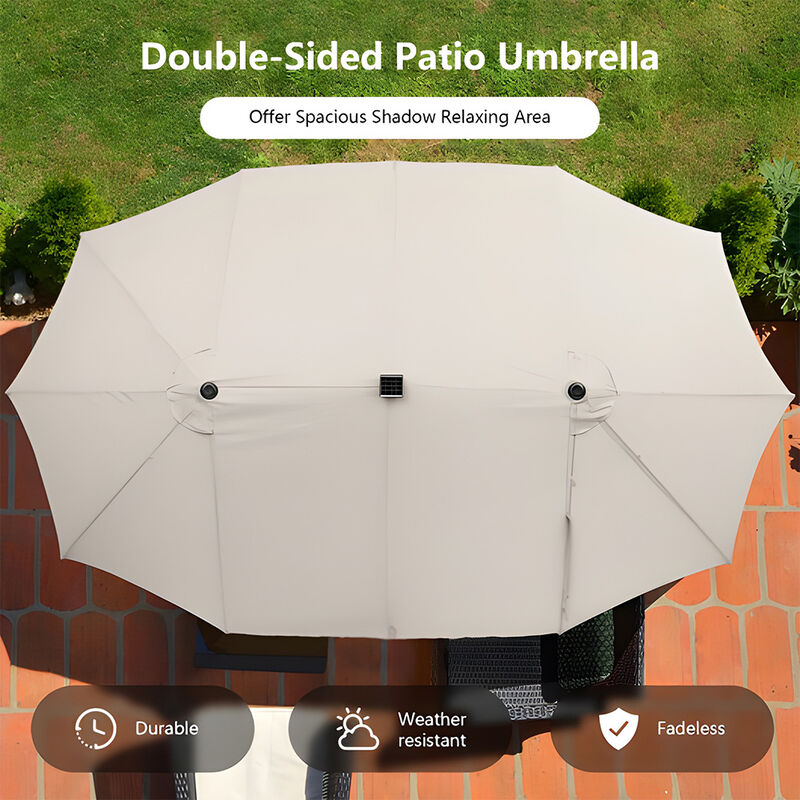 15 Ft Solar LED Patio Double-sided Umbrella Market Umbrella with Weight Base