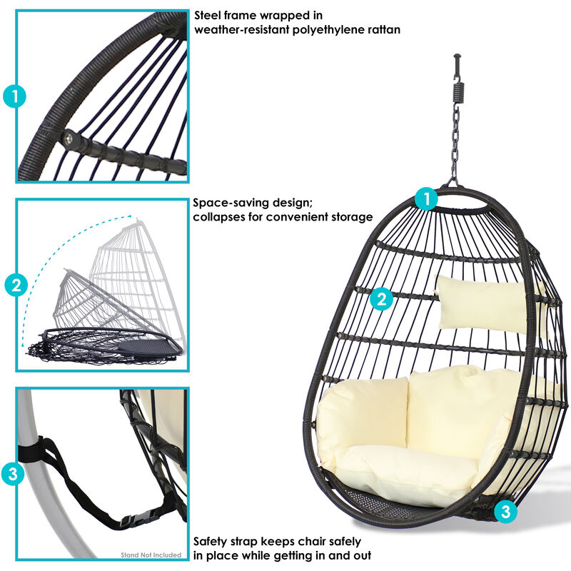 Sunnydaze Resin Wicker Hanging Egg Chair with Polyester Cushions
