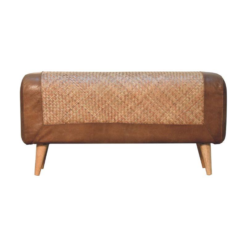 Artisan Furniture Large Seagrass Buffalo Leather Solid Wood Hide Nordic Bench