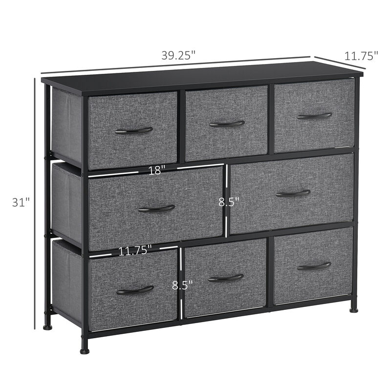 HOMCOM 8-Drawer Dresser, 3-Tier Fabric Chest of Drawers, Storage Tower Organizer Unit with Steel Frame for Bedroom, Hallway, Dark Grey