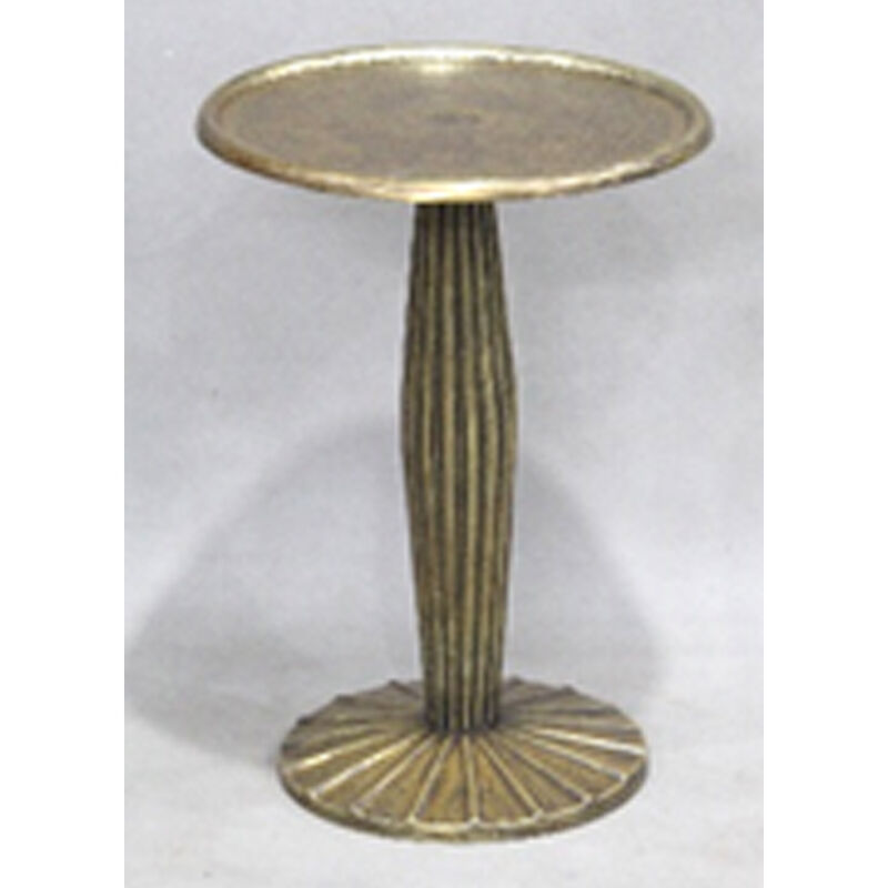 12 Inch Side End Drink Table, Fancy Fluted Base, Round Top, Antique Brass